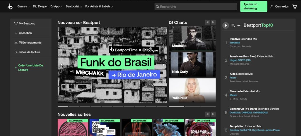 Capture d’écran de Beatport montrant la section “Nouveau sur Beatport”, les DJ Charts et le Top 10 des titres