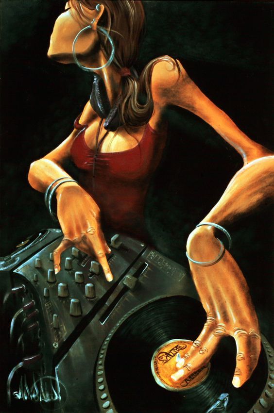 peinture d'une femme qui mixe sur des platines